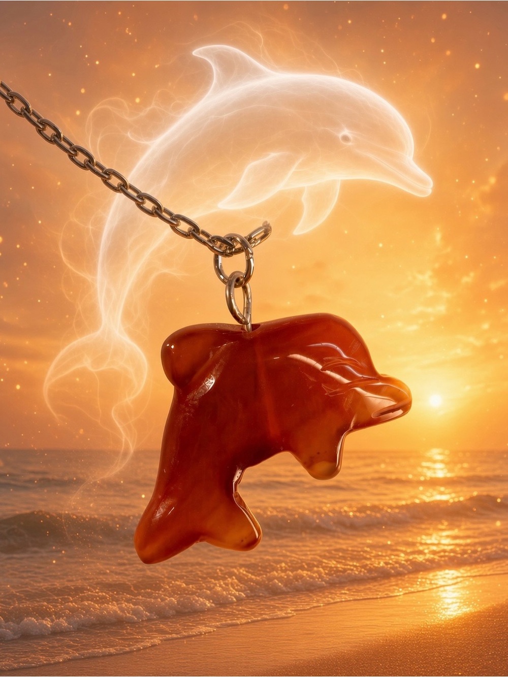 Carnelian Dolphin Hand-Carved Pendant Necklace Long